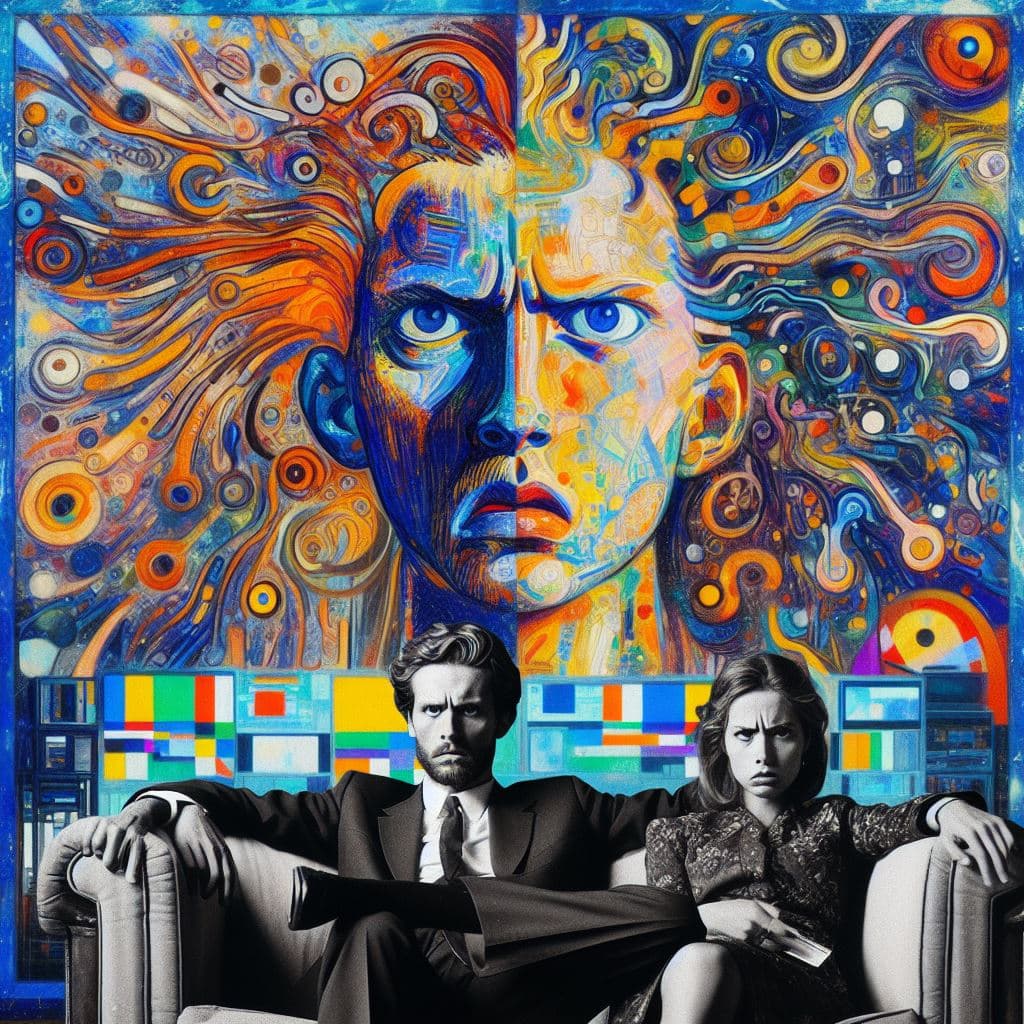 AI generated: double exposure, (abstract painting of a TV set, in the style of Edvard Munch) vs (I'm just as annoy...