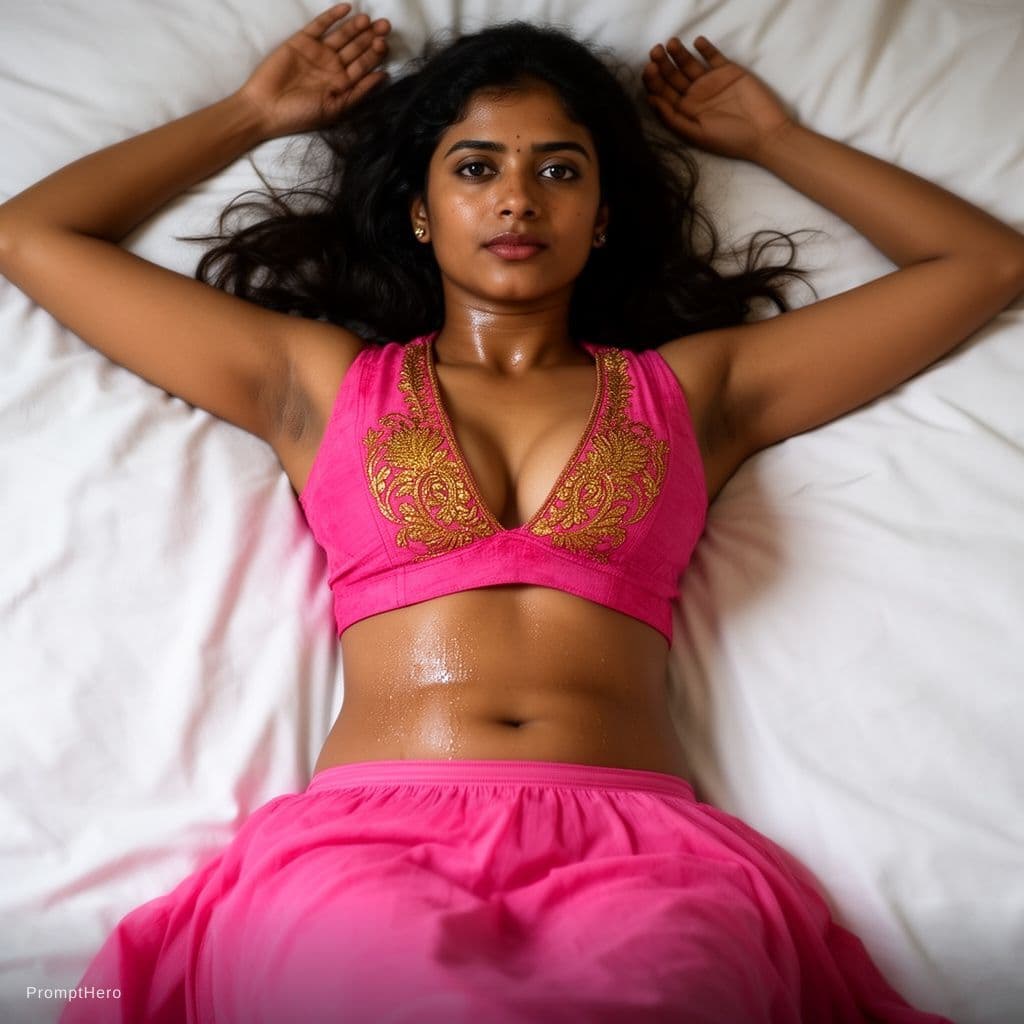 AI generated: Indian girl around age 25 laying over bed with eyes open and looking towards camera after satisfacti...