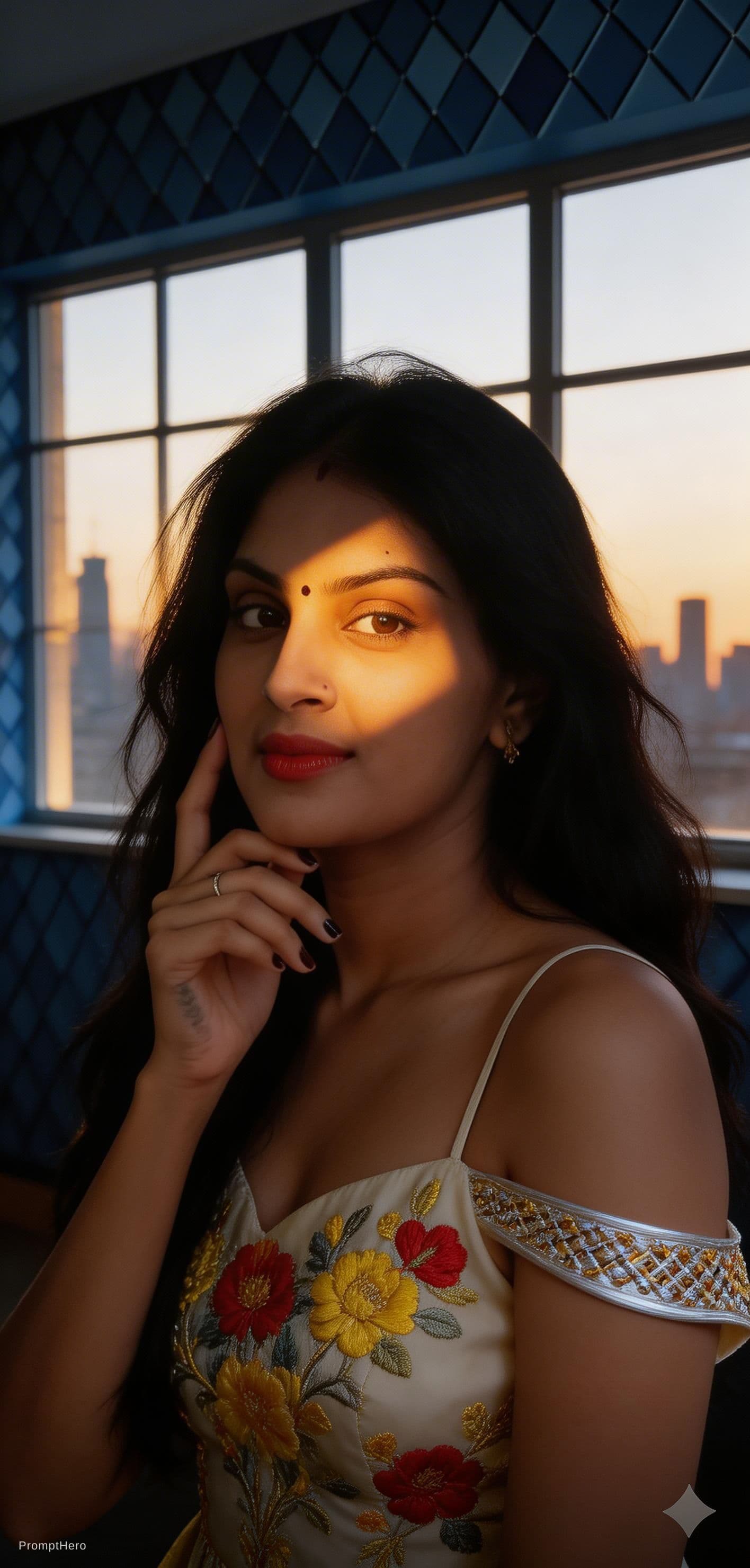 AI generated: A cinematic photorealistic boudoir portrait of a beautiful Asian woman kneeling on a bed. She is wea...