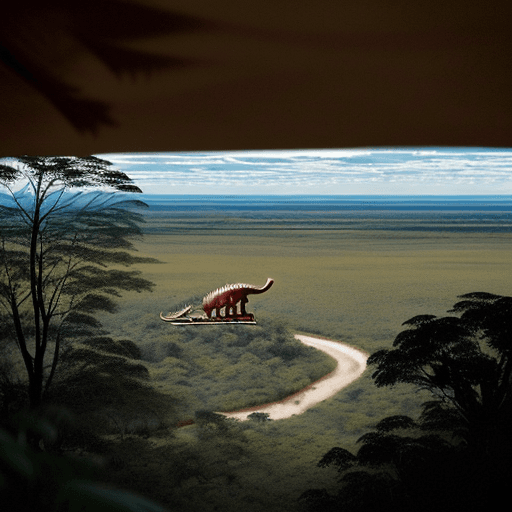 AI generated: un plano desde arriba de una selva en la que un dinosaurio grande esté siendo perseguido por diez ca...