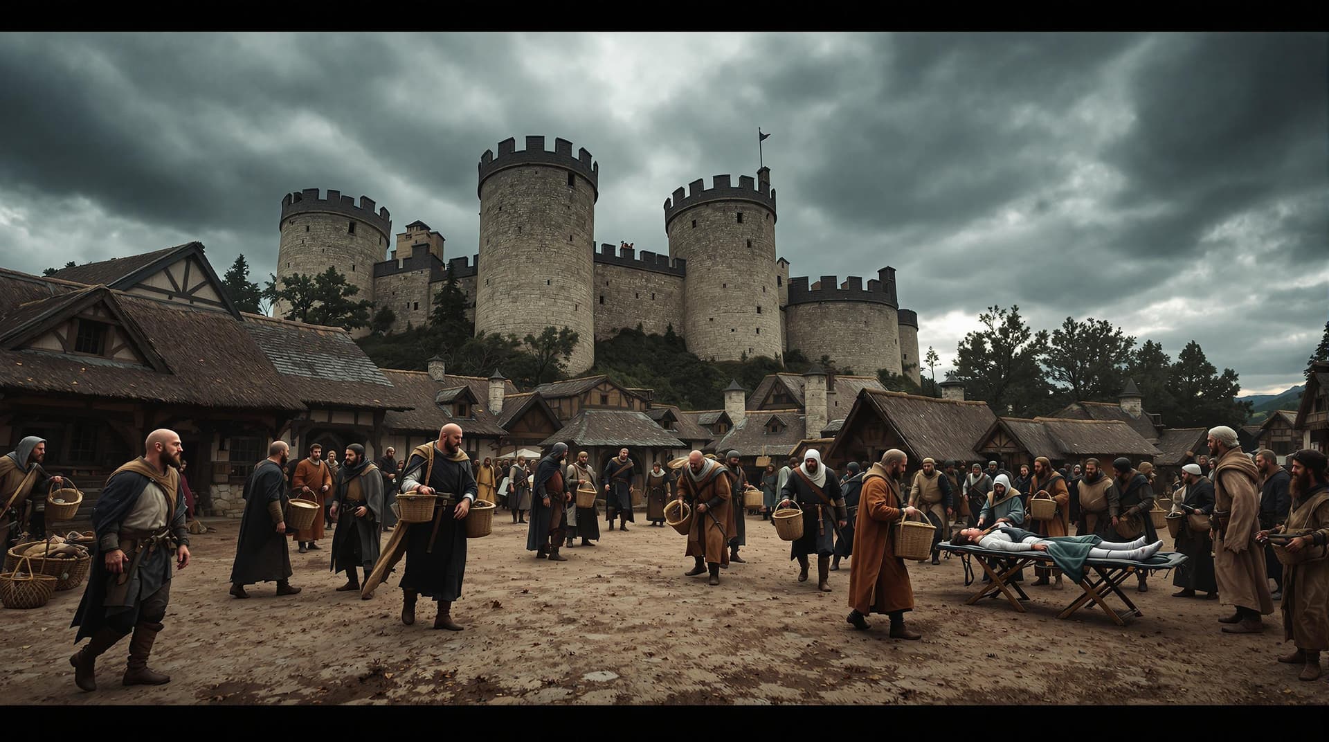 AI generated: a medieval village with a castle in the background, showcasing a scene of everyday life in a bygone ...