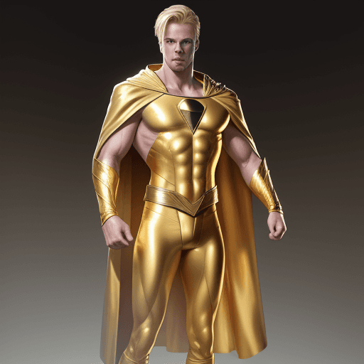 AI generated: male super hero named champion blond hair, no symbol, skin tight gold suit, gold cape, gold gloves, ...