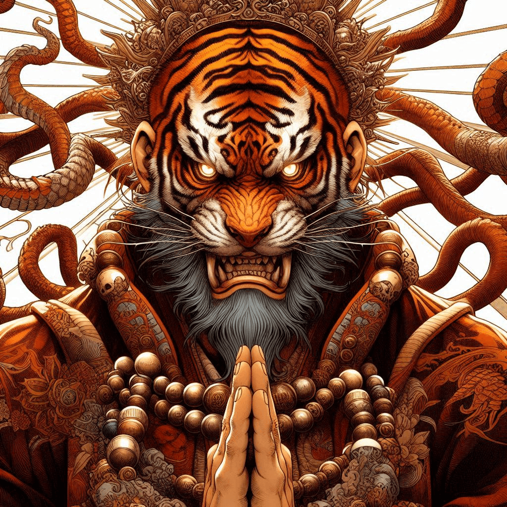 AI generated: Dramatic religious anime drawing of an ugly tiger man