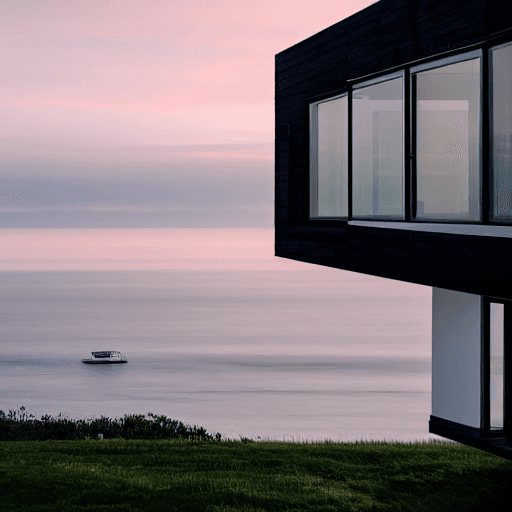 AI generated: image of a minimalist house at the eye level overseeing ocean during sunrise 