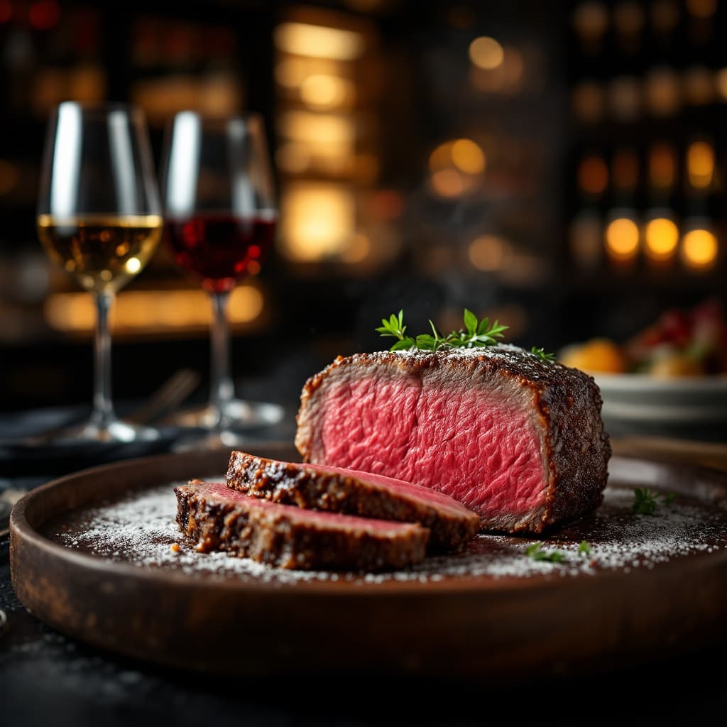 AI generated: 
Capture a delicious 3/4 rare sliced ​​beef rib in close-up, exuding tempting appeal, at a 3 MICHELI...