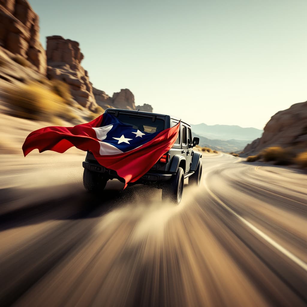 AI generated: Hyper realistic photo of a speeding 2023 Jeep Mojave color black, heading towards the camera, using ...