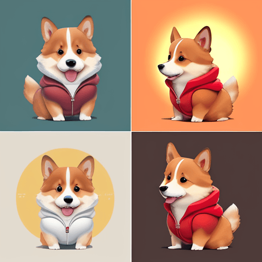 AI generated: 4 different action panels,A cute corgi,personified 
as a puppy,wearing a red down jacket with a soli...