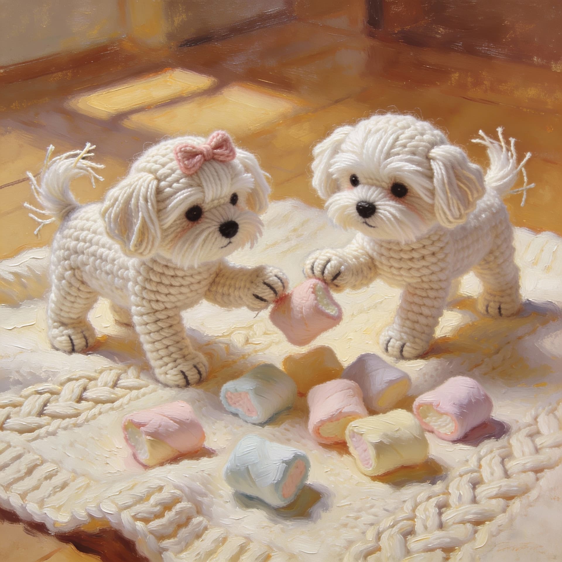 AI generated: highky detailed oil painting of 2 crocheted Maltese puppies playing with chrocheted marshmellows