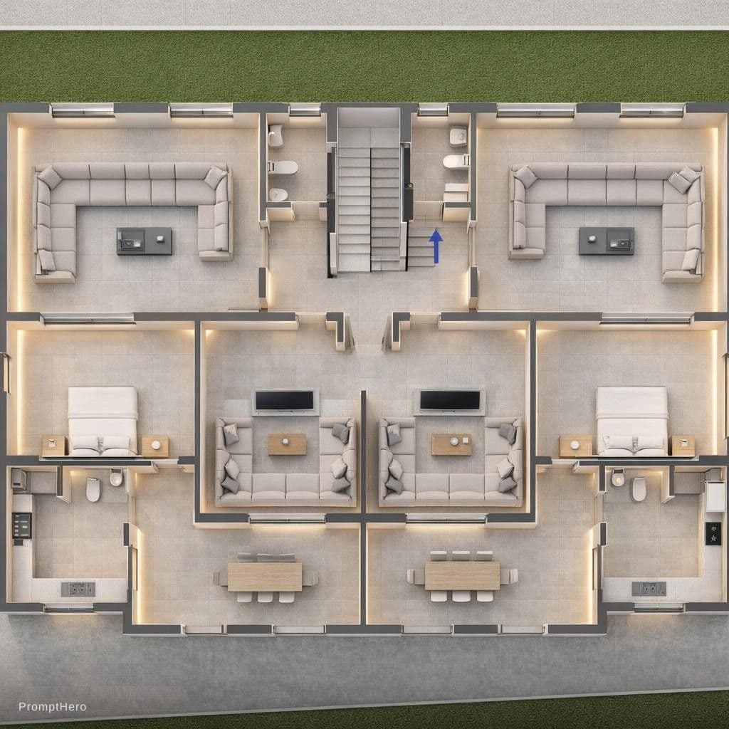 AI generated: Ultra-precise architectural 3D visualization generated from a 2D floor plan, fully furnished with re...