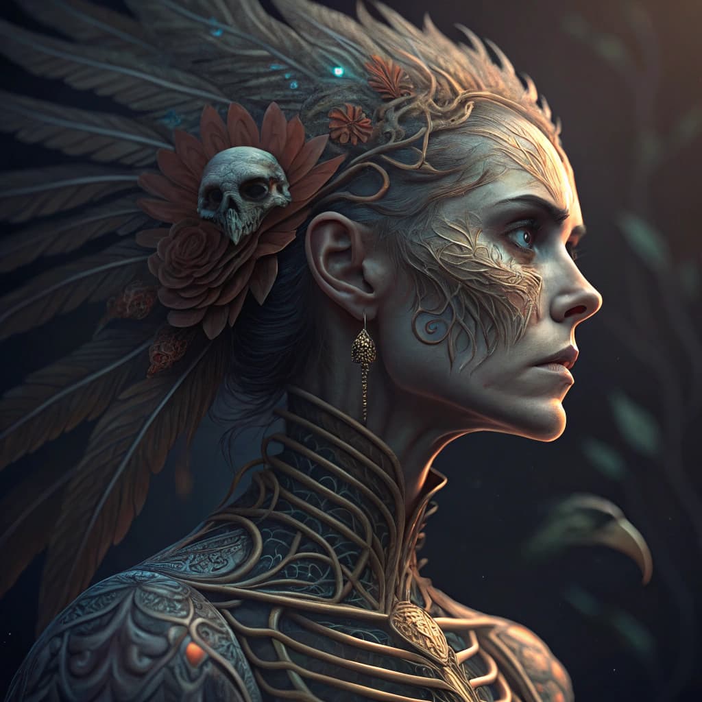 AI generated: Goddess close-up portrait ribcagel. jellyfish phoenix head, nautilus, orchid, skull, betta fish, bio...