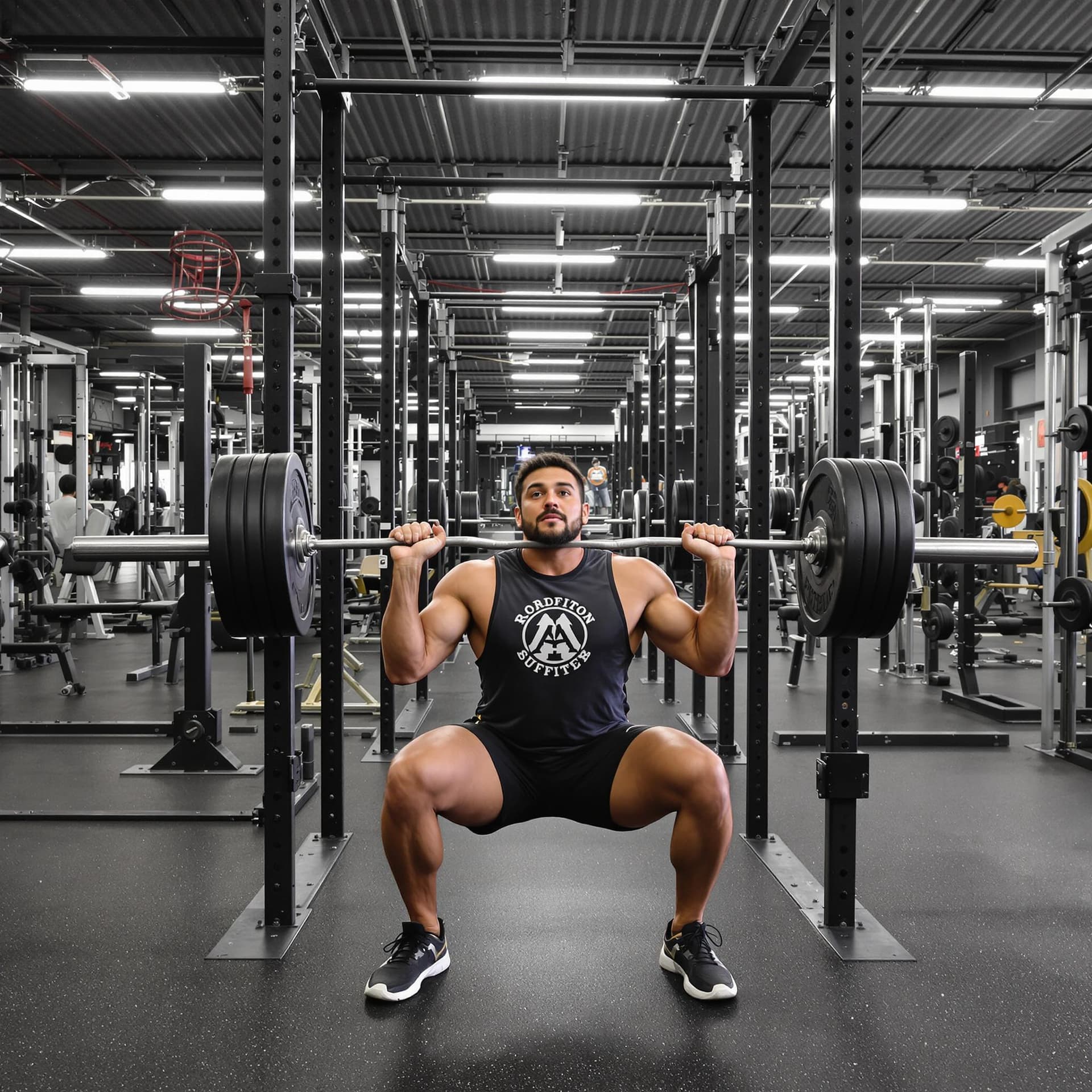 AI generated: empty gym, front profile, man in gym clothes doing squats with weights