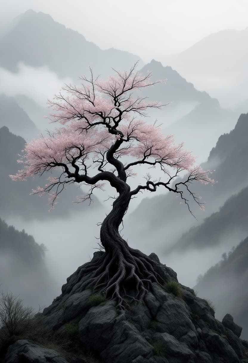 AI generated: Lone cherry blossom tree with twisted dark trunk, growing from a rugged mountain  surrounded by heav...