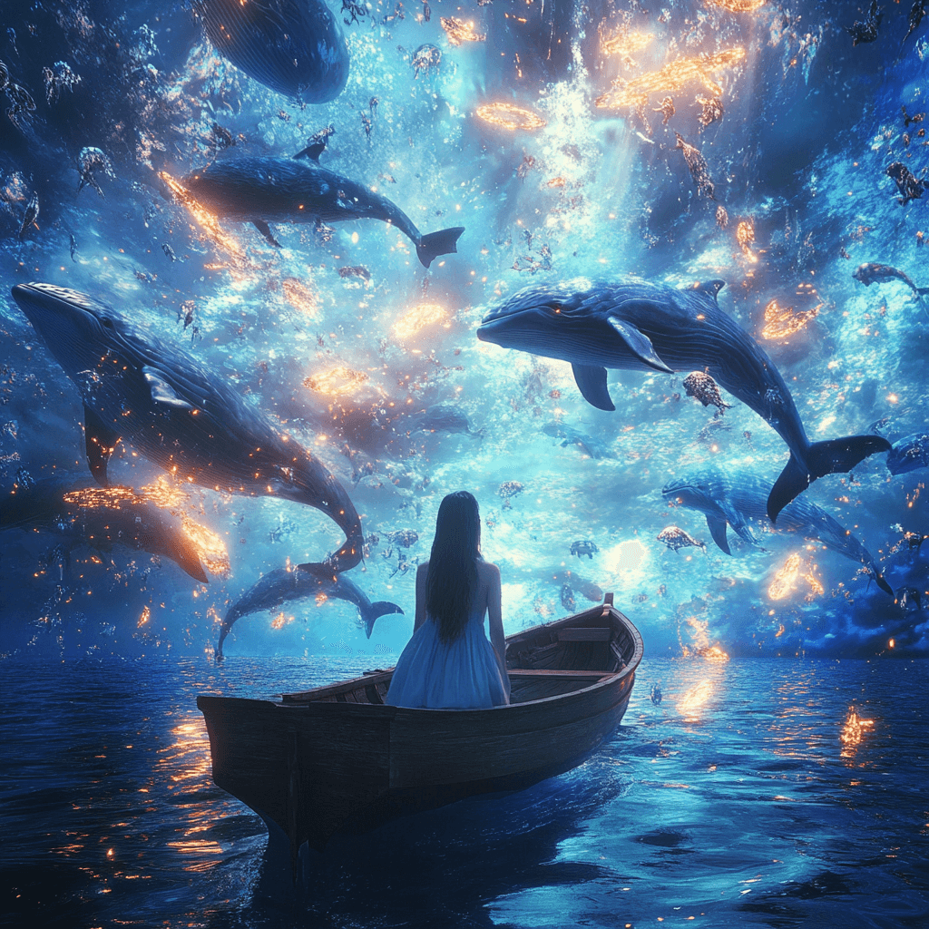 AI generated: A fantastical landscape where the sky is alive with hundreds of flying aquatic creatures--gigantic w...