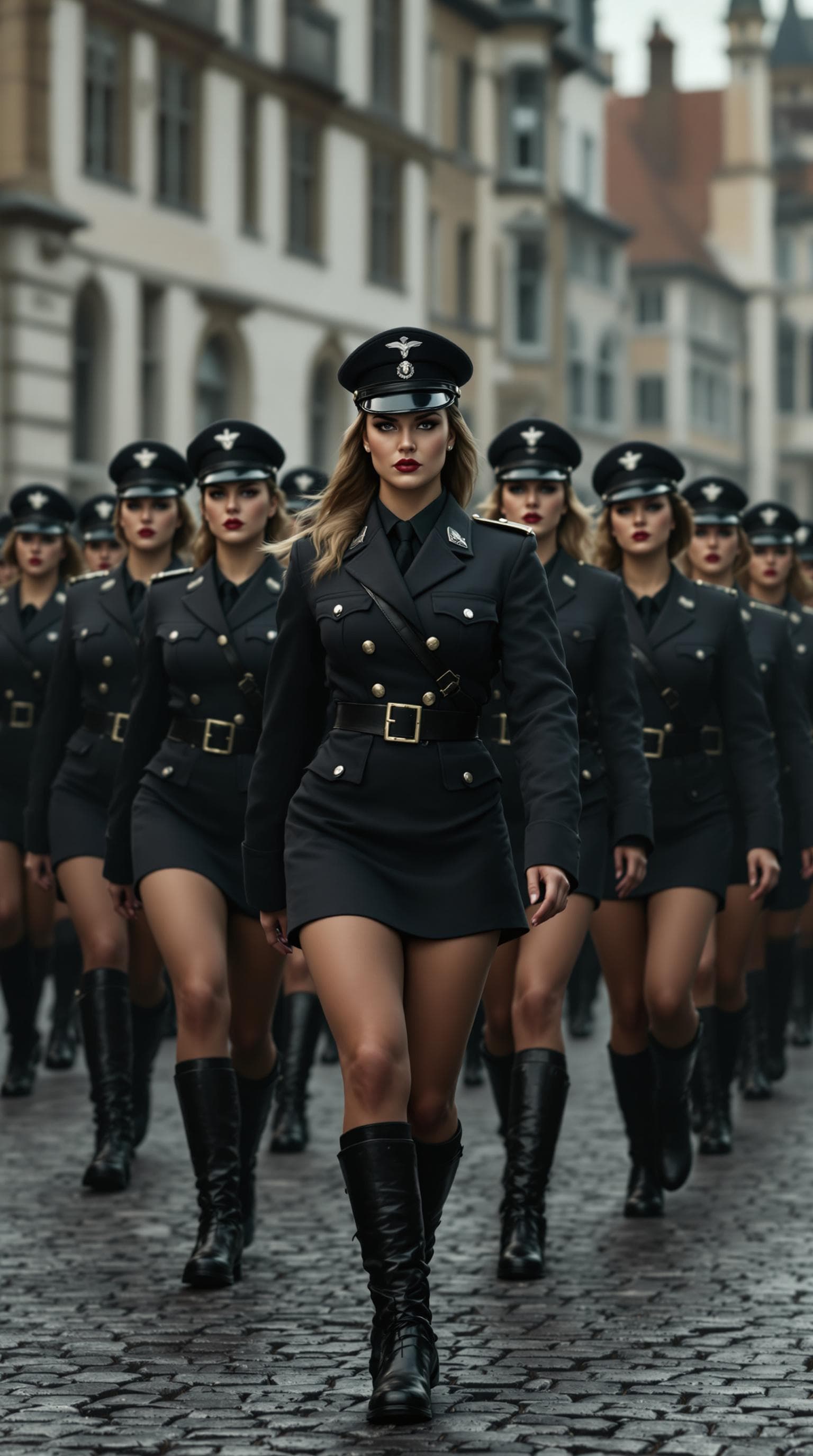 AI generated: A squad of very curvy, fierce German female officers in short black and gray military uniforms, marc...