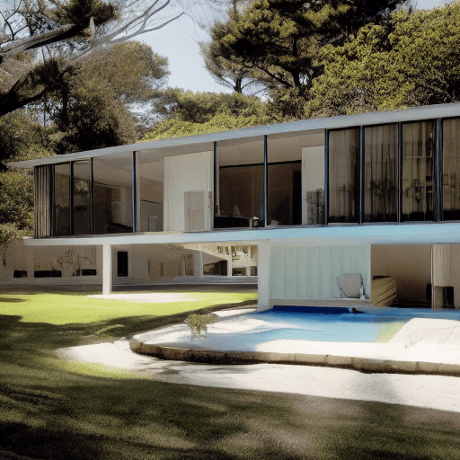 AI generated: Hyper realistic eye level exterior photo of a mid century modern style house overlooking the ocean, ...