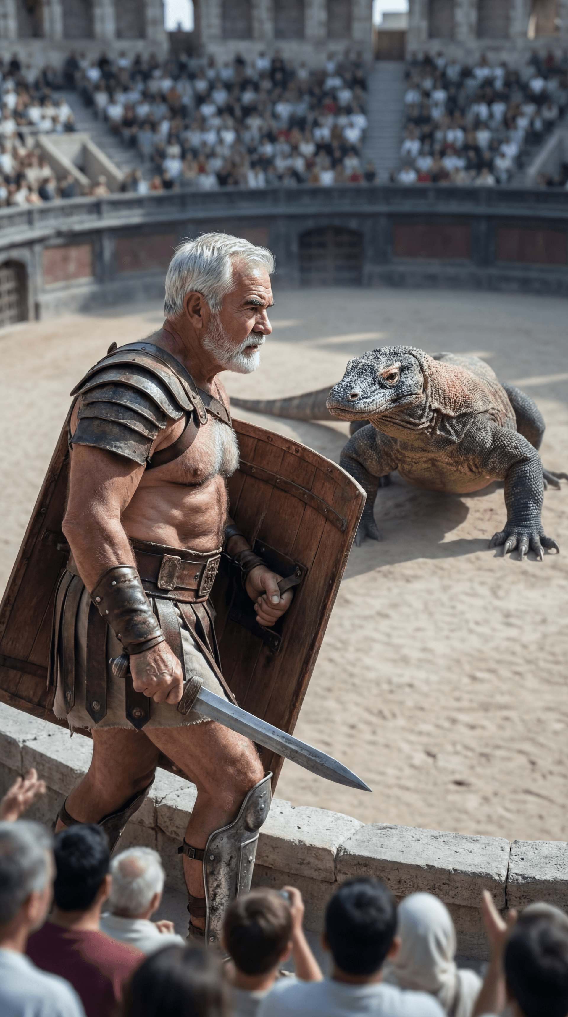 AI generated: Ultra-realistic documentary-style photography inside the Roman Colosseum.
CAMERA ANGLE: high-angle f...