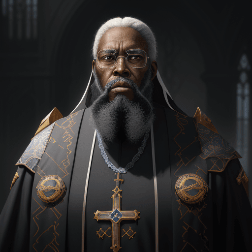 AI generated: 8k an elderly african american imperial priest with black and blue vestments a long white beard and ...