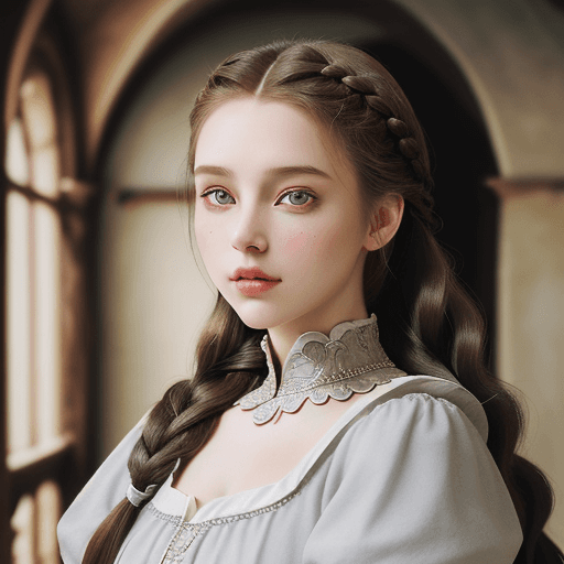 AI generated: Photo of brown hair woman in a medieval era dress, Her hair is in a braid, her eyes are hazel in col...