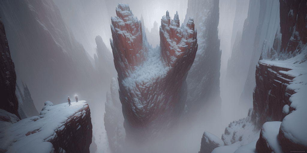 AI generated: looking down into a snowy craggy canyon, low rim light through low lying clouds, scary,  extremely d...