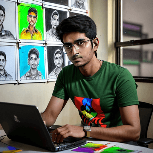 AI generated: 3d, pixer,a young Indian man with brown skin and a slim build, around 22 years old, sits at a desk f...