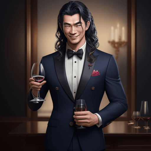 AI generated: Japanese male, handsome, navy medium wavy hair, suit, muscular, evil smile, holding a glass of wine,...