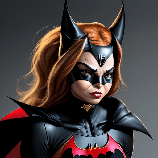 AI generated: janet jackson as batwoman, with a gold bat logo and ears 