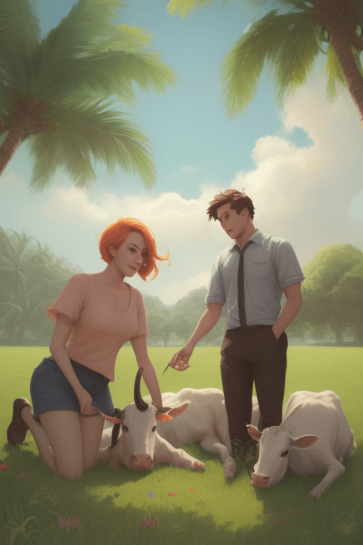 AI generated: Two males and a female playing on the meadow with a cow, sunny, tropical, Lois van Baarle
