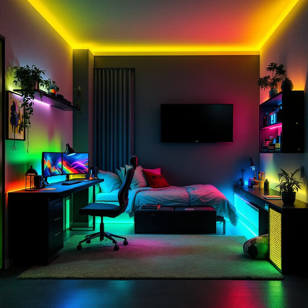 AI generated: A 8x5m modern studio designed for a young gamer. RGB LED lighting, gaming desk with dual monitors, c...
