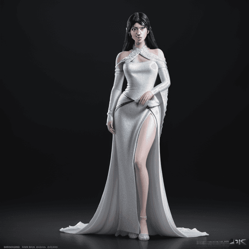 AI generated: Different angles, character sheet full body, black hair princess, white skin, silver dress cinematic...