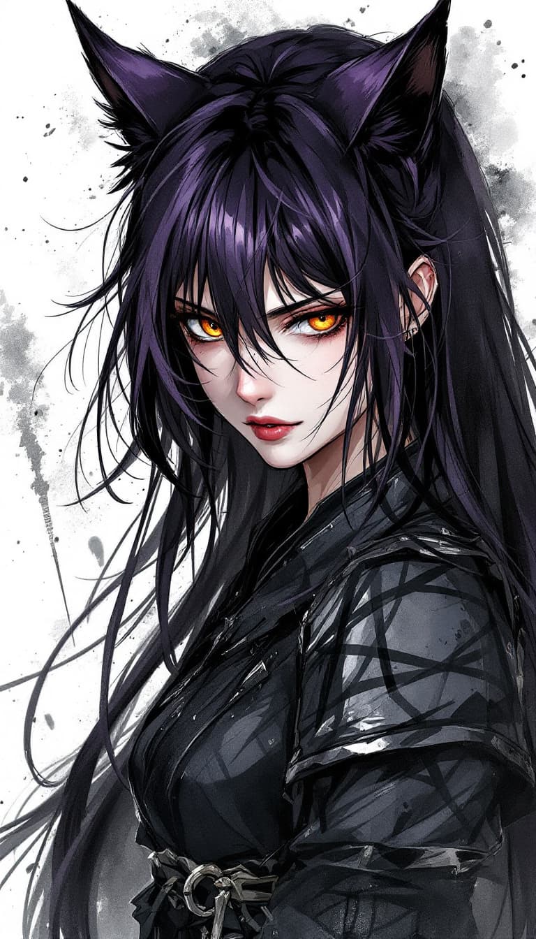 AI generated: 1 woman, weapon, long hair, dark purple hair,cat ears, white background, solo, looking at viewer, or...