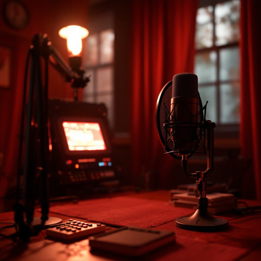 AI generated: Scene of a podcast studio, The recording light is on, recording a true crime podcast, It's called Ro...
