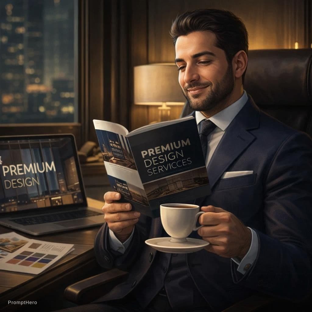 AI generated: A painting-like image of a satisfied client experiencing the benefits of a premium design service. c...