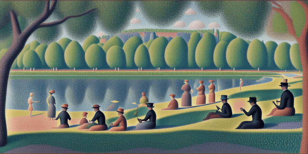 AI generated: Imaginative bank of the river with a few resting people in Seurat's pointillism style with great det...