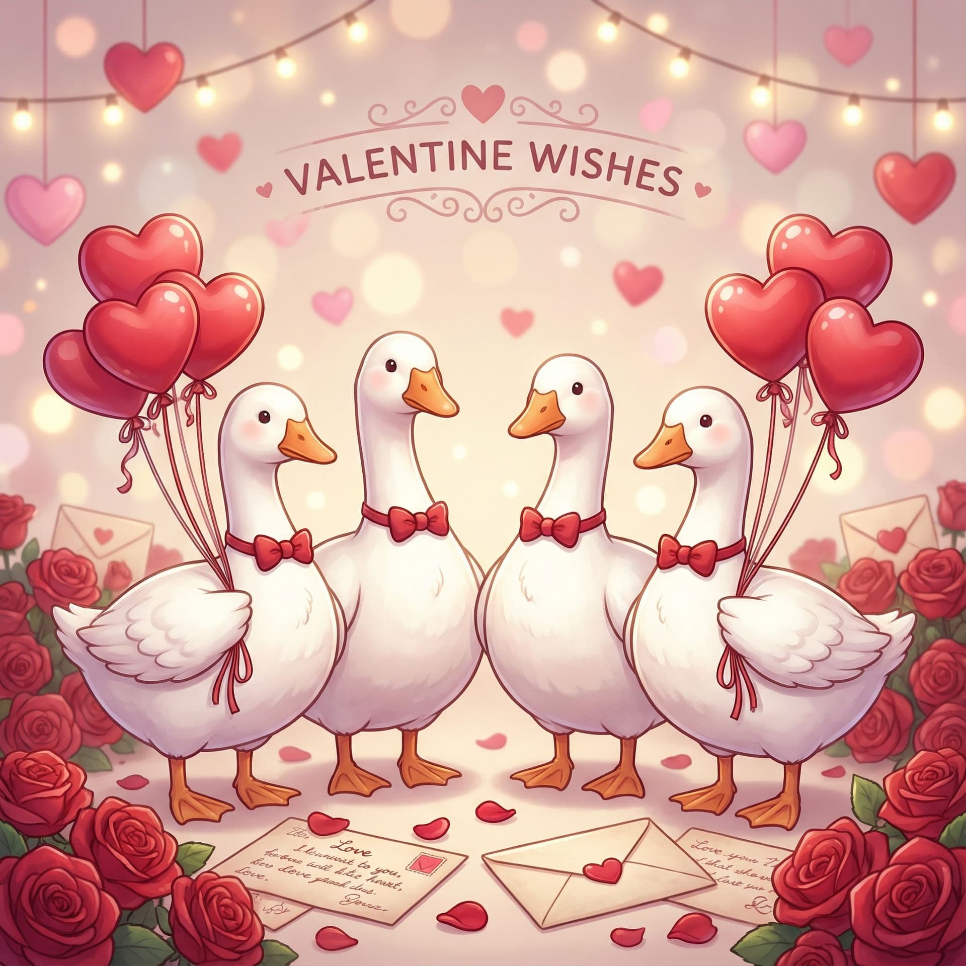 AI generated: Four cute white geese standing together, each holding red heart-shaped balloons, surrounded by red r...