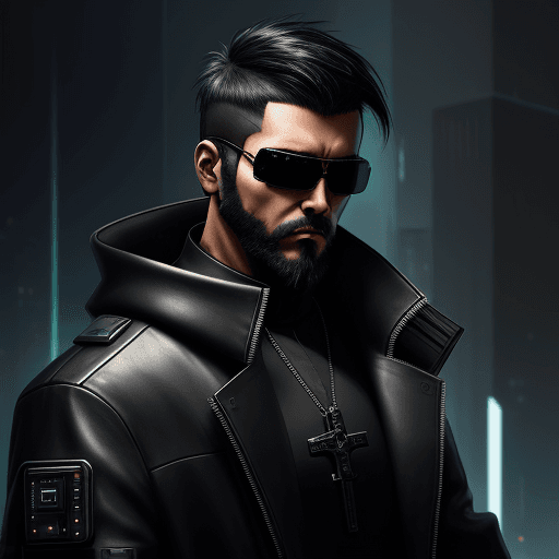 AI generated: cyberpunk priest with cyberware and aviator sunglasses. wear leather coat. short black hair and shor...