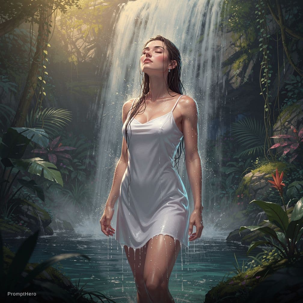AI generated: A beautiful, tall, Germanic female with long, wet, dark brown hair, a slightly turned up nose and wi...