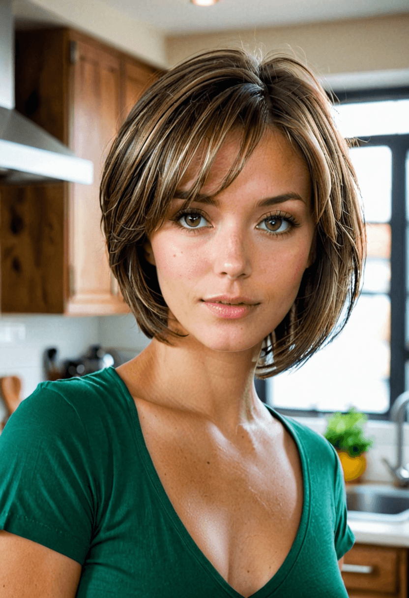 AI generated: iphone photo woman, with a short bob cut, brunette, blonde highlights, cooking dinner in her kitchen...