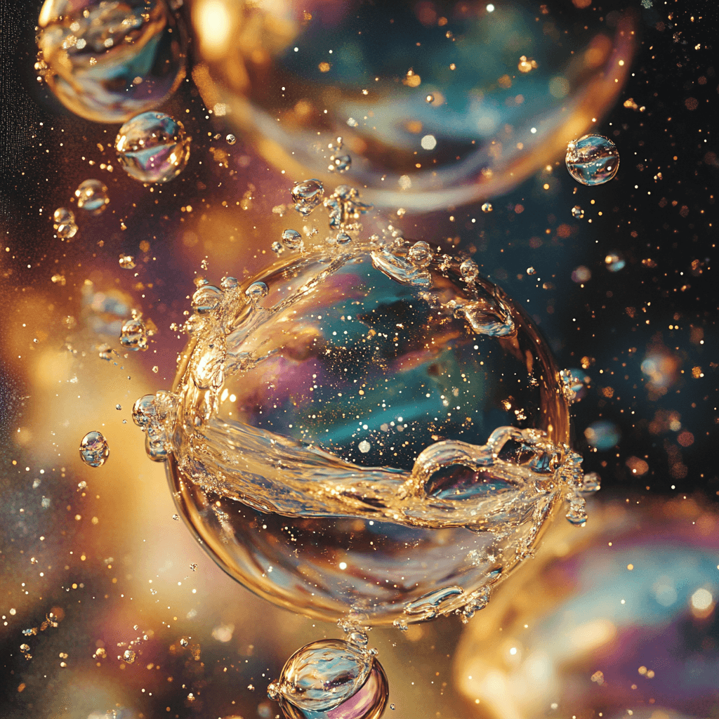 AI generated: 
bubbles with stars and nebula behind splattered liquid paint in (lightgray:1.2) colors. Fluid and ...