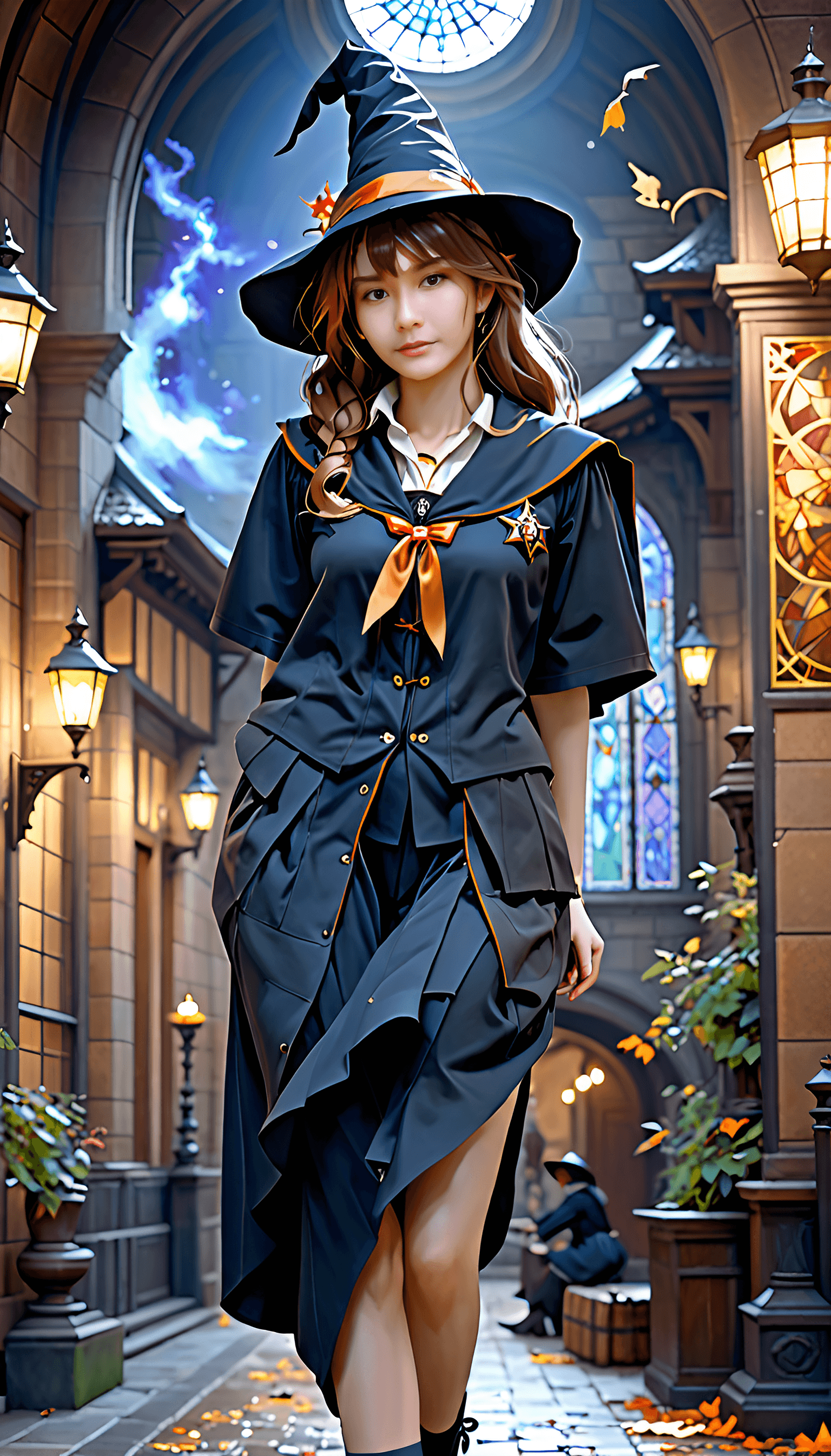 AI generated: rugged girl witch wearing magic school uniform, large wide - brimmed witch hat, cinematic, elaborate...