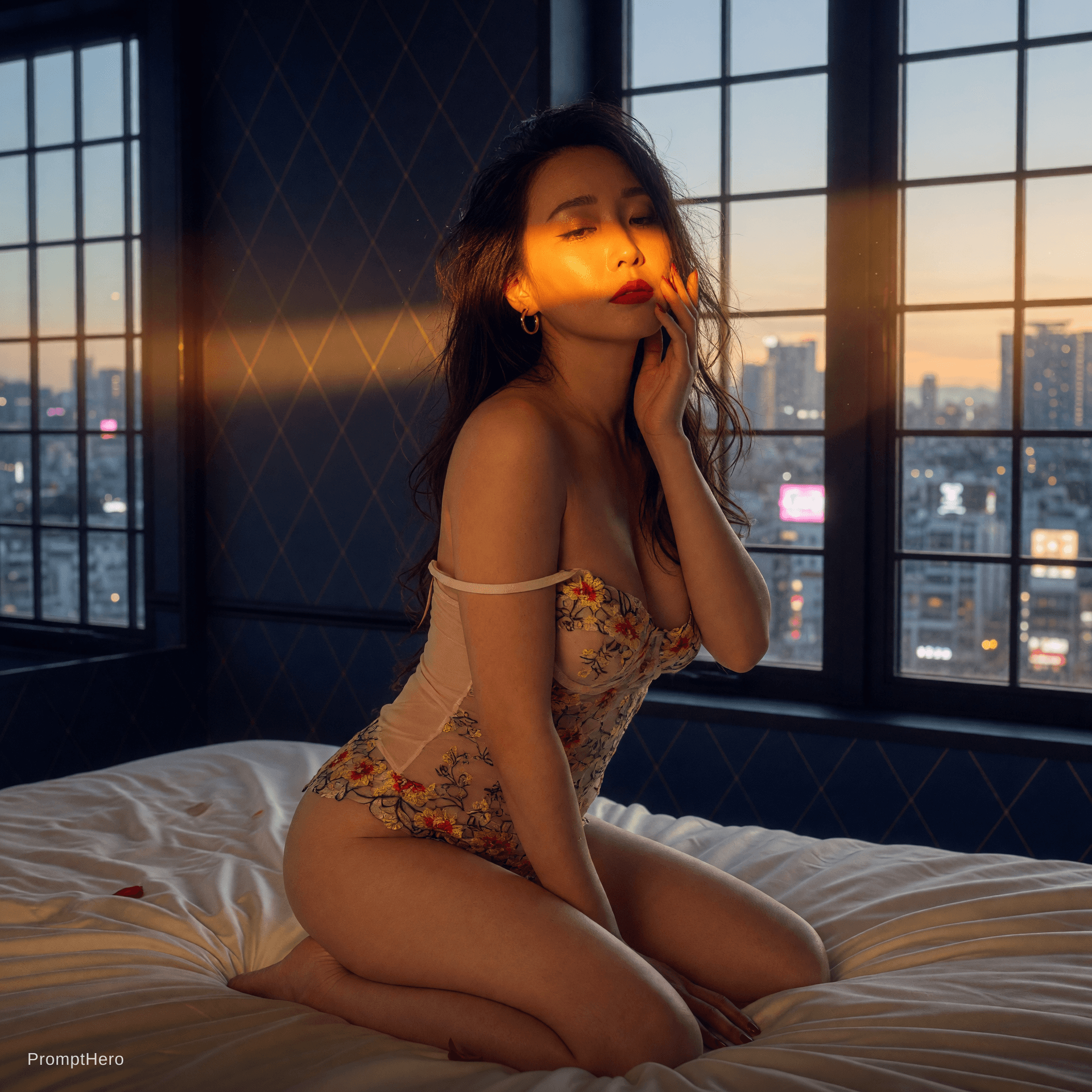 AI generated: A cinematic photorealistic boudoir portrait of a beautiful Asian woman kneeling on a bed. She is wea...