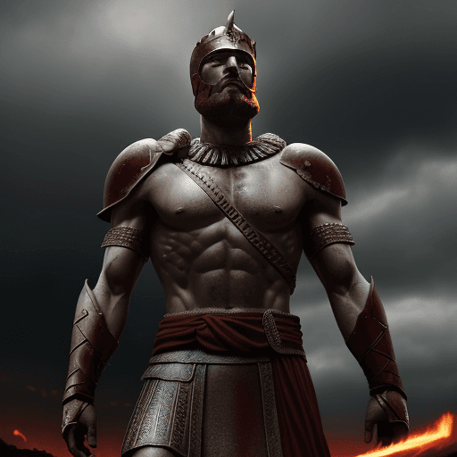 AI generated: Leonidas 1 the king of Sparta, a great warrior, stands after the battle, looking into the distance, ...