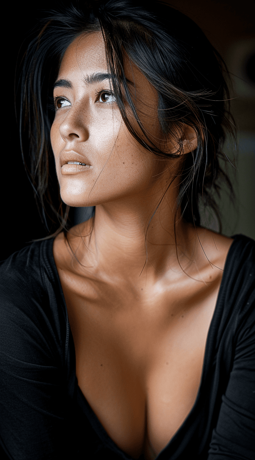AI generated: woman in a black tshirt, in the style of sterling silver highlights, samyang af 14mm f/2.8 rf, photo...