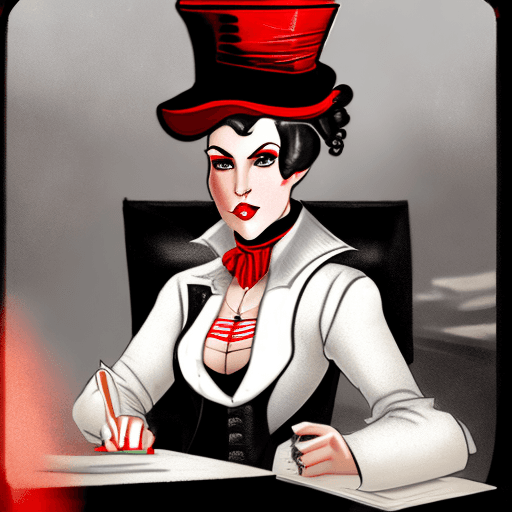 AI generated: Woman, gang leader London, 1814, cloudy, sitting at a desk in his office, athletic build, cleavage, ...