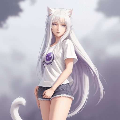 AI generated: Anime digital illustration of a beautiful girl with long silver hair and purple eyes, ((white cat ea...