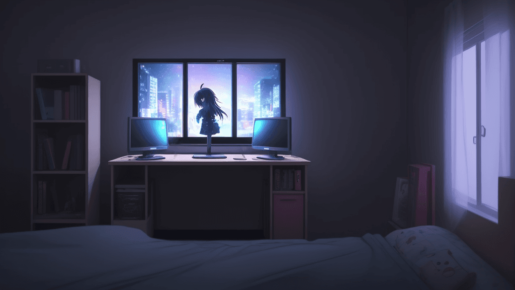 AI generated: room, anime style, night, dark, computer on table