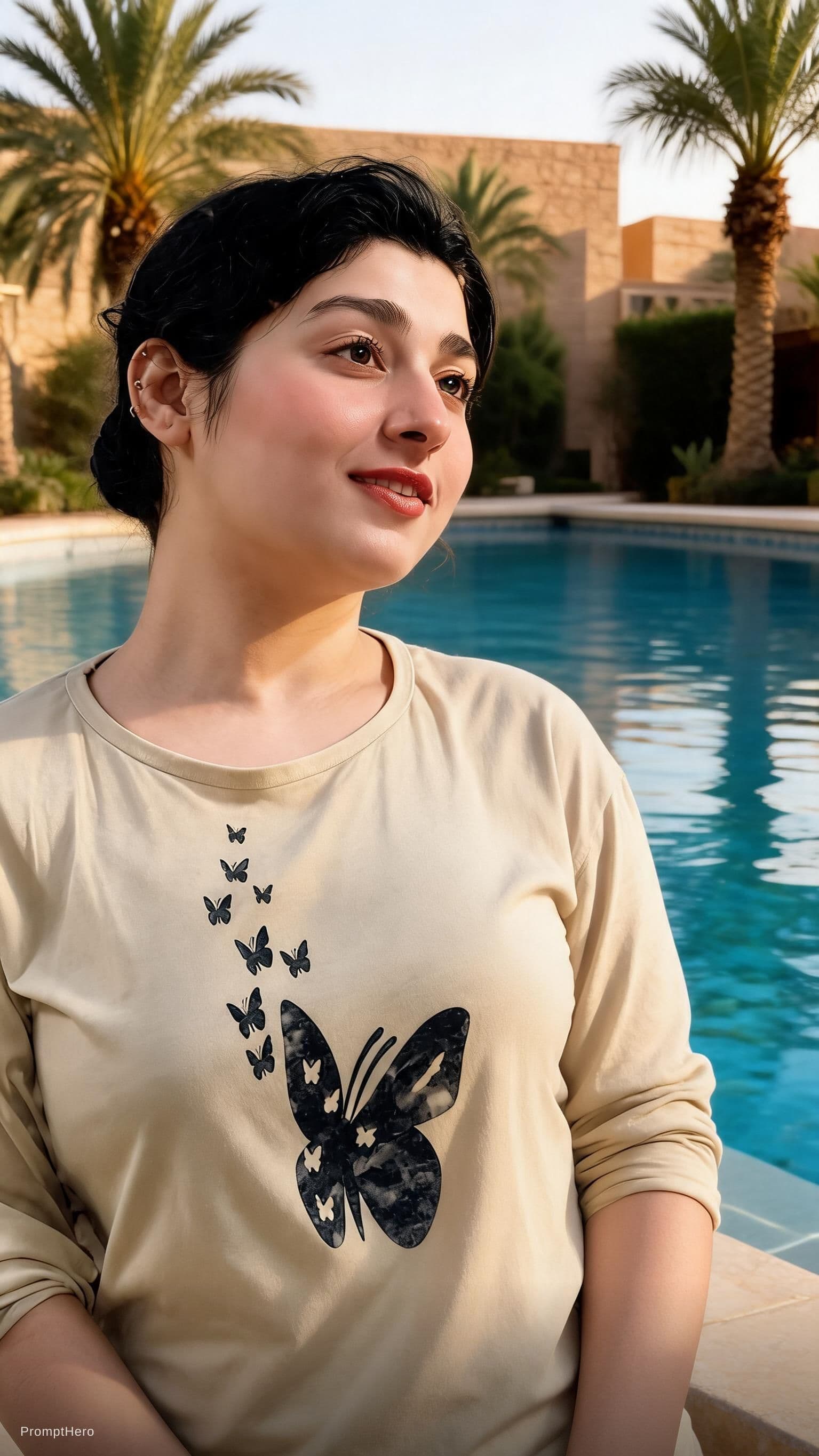 AI generated: Photorealistic resort portrait of an adult woman (late-20s) in a sand-toned bikini beside a desert o...