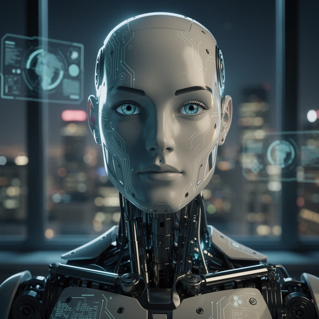 AI generated: Robot standing in front of the window, sitting robot close-up, human-faced robot, close-up humanoid ...