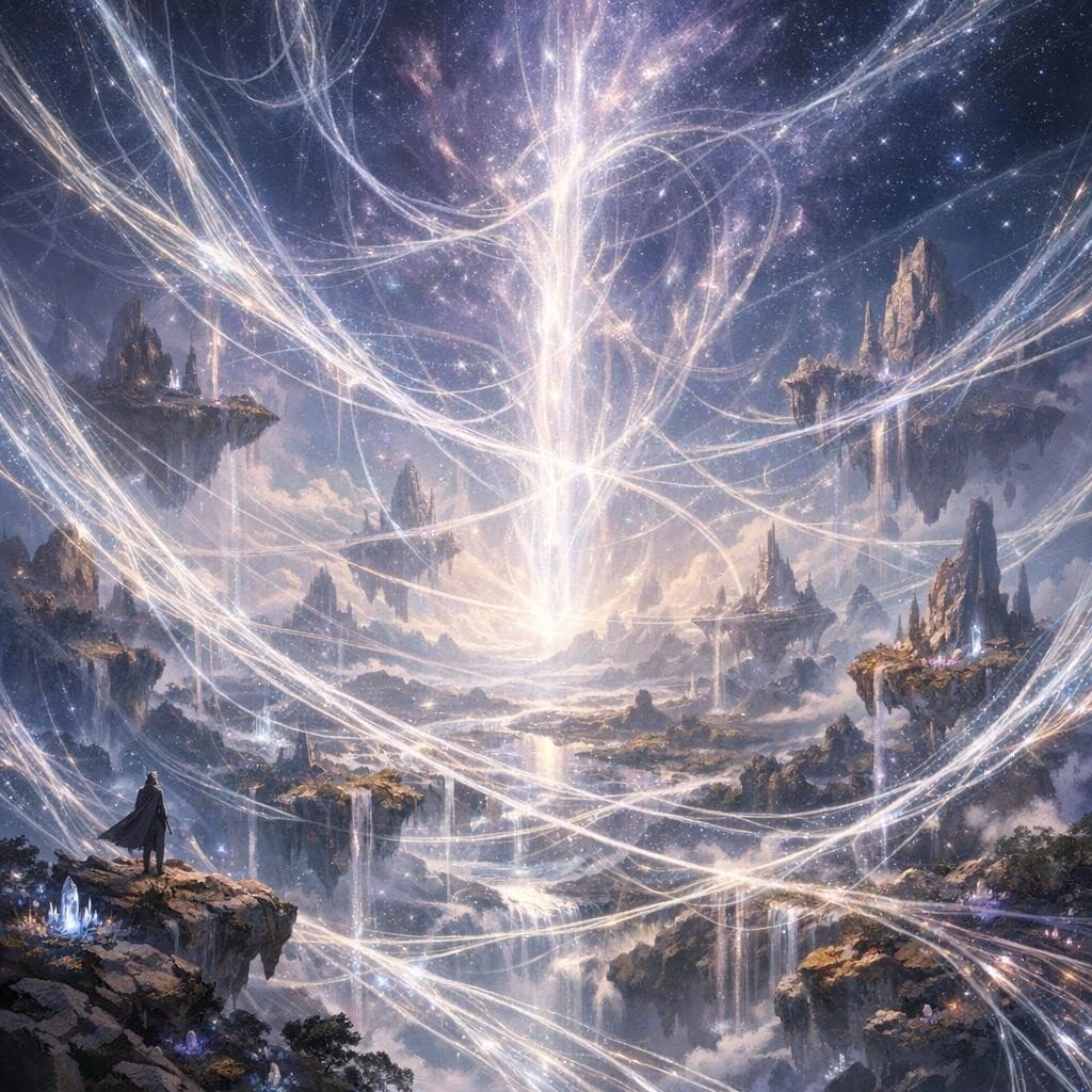 AI generated: Create a unique environment/Biome of a Fate → The Weave Expanse (visible strands connecting reality ...