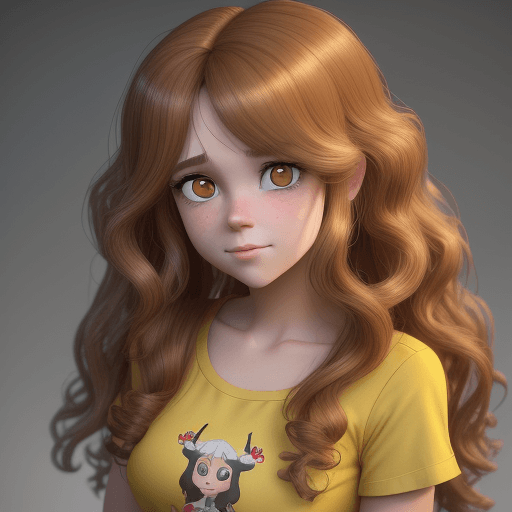 AI generated: a girl with curly and long hair and yellow shirt, in the style of rendered in cinema4d, charming cha...