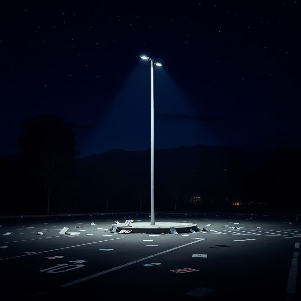 AI generated: image of a light pole in parking lot at night with parked cards
